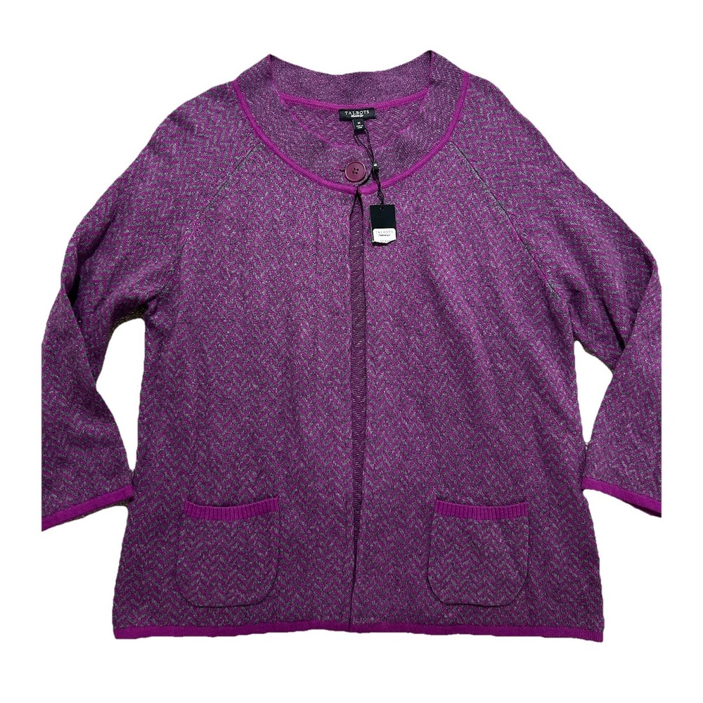NEW‎ Talbots Women's M One Button Open Cardigan Purple Pockets 3/4 Sleeve